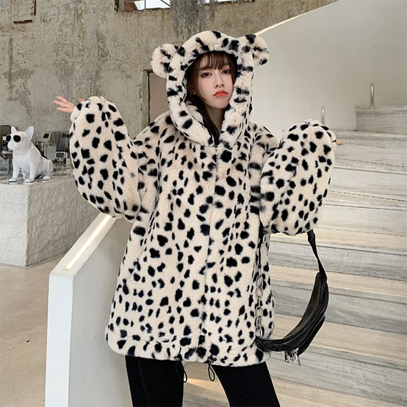 Korean Leopard Print Hooded Short Imitation Rabbit Fur Coat Winter Women Loose Casual Long Sleeve Thicken Warm Faux Fur Outwear