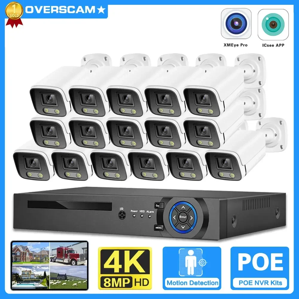 16CH 8MP 25FPS Motion Detection POE IP Camera Security System Kits Two-Way Audio Waterproof Security CCTV Camera Kit NVR Set P2P