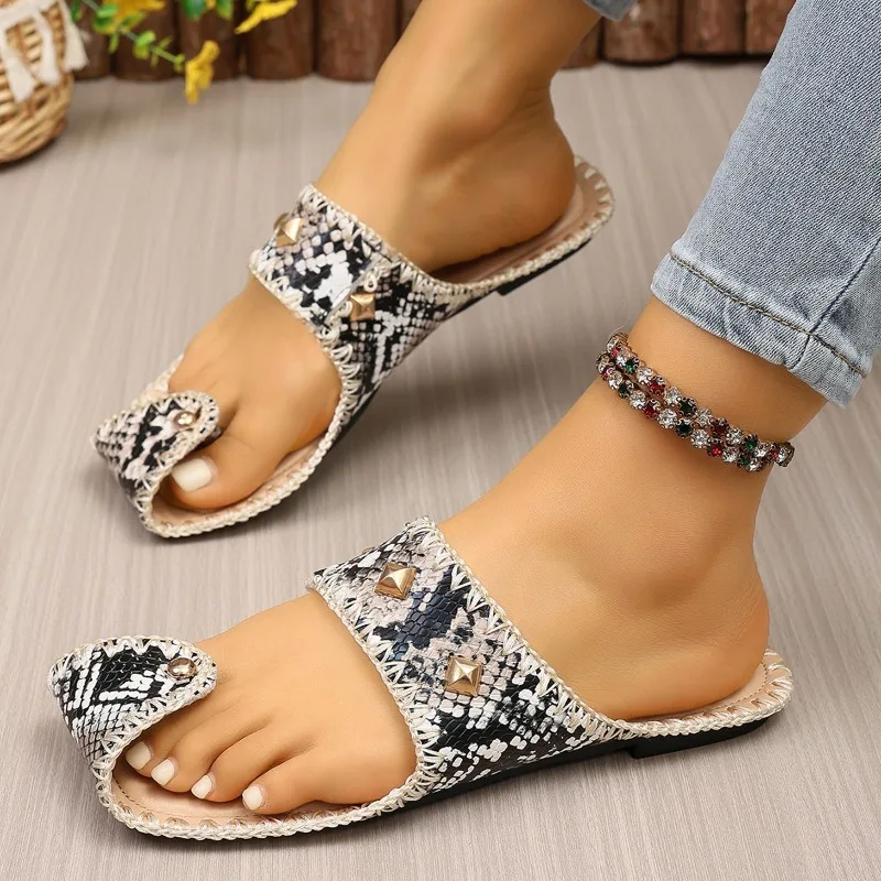 Stylish Snake Print Studded Flat Sandals for Women - Crochet Trim Open Toe Slip-On Summer Beach Casual Vacation Shoes