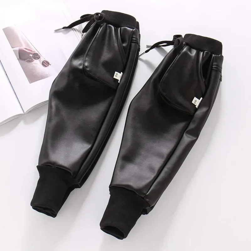 Boys PU Faux Leather Pants Kids Winter Fleece Black Imitation Leather Pants For Boy Teenage Children Warm Kids Leather Trousers