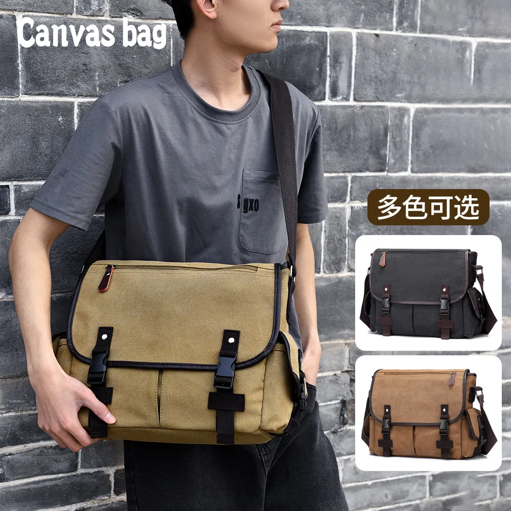 

Canvas wear-resistant men's single-shoulder bag, retro and simple, large-capacity flip-top lock travel crossbody backpack