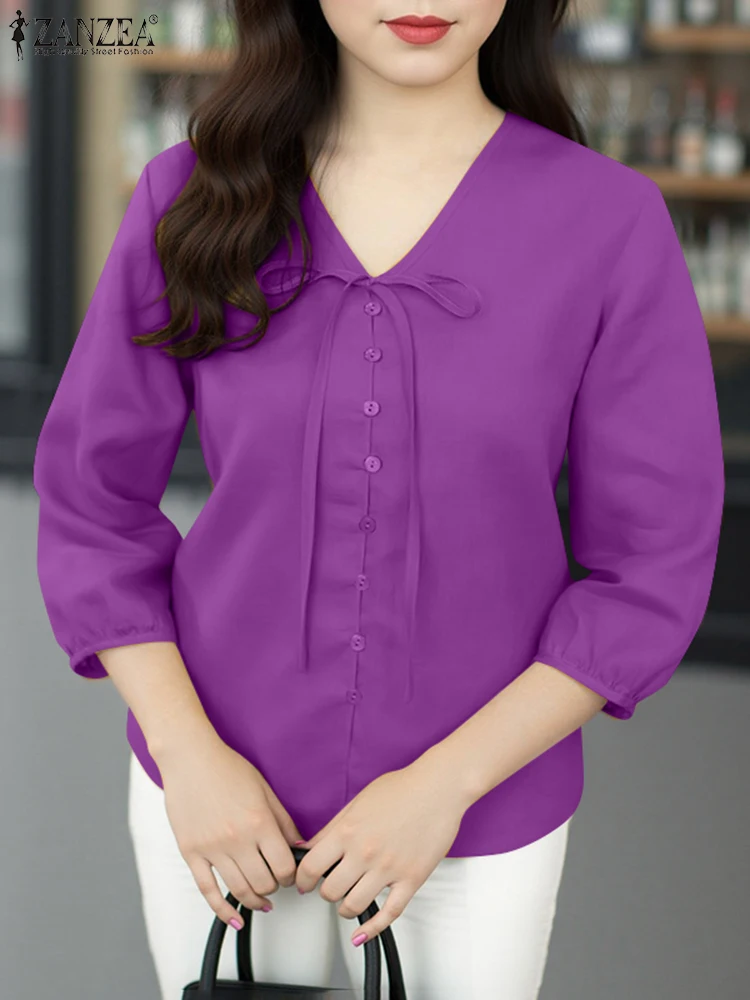 

ZANZEA Women Shirts Solid Casual V Neck Tops 2025 Summer Female Lace-Up OL Work Tunic 3/4 Lantern Sleeve Buttons Beach Blusas