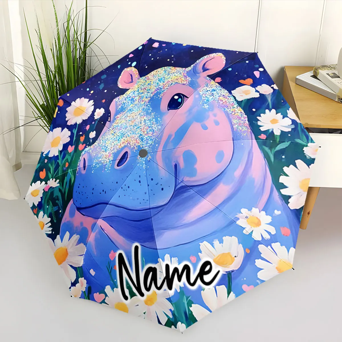 Custom Name Umbrella Colorful Hippo and Flowers Umbrella Design Print 8 Iron Ribs Folding Umbrella Auto-Open Fashion Sunshade