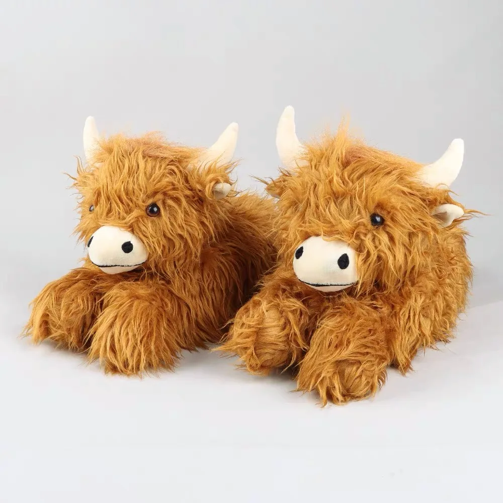 Highland Cow Winter Slippers Fluffy Highland Cattle Plush Slipper Soft Warm Home Indoor Cute Cartoon Furry Slides for Women Men