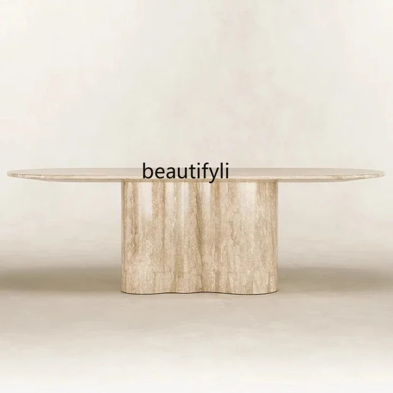 

xz1Natural beige travertine dining table oval villa mansion living room wabi sand wind marble negotiation table