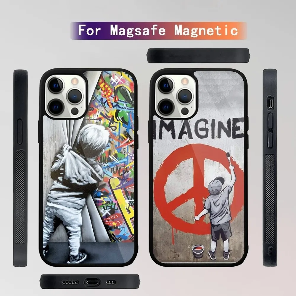 B-Banksy Graffiti War Peace  Phone Case For iPhone 15,14,13,12,11,Plus,Pro,Max Mini Magsafe Magnetic Wireless Charging