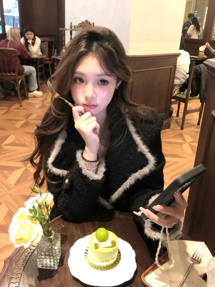 Korean Sle Women's ort Coat Winter 2025 New Loose Fit Woolen Jaet Collar Design Polyester Fiber Long Sve Regular Length