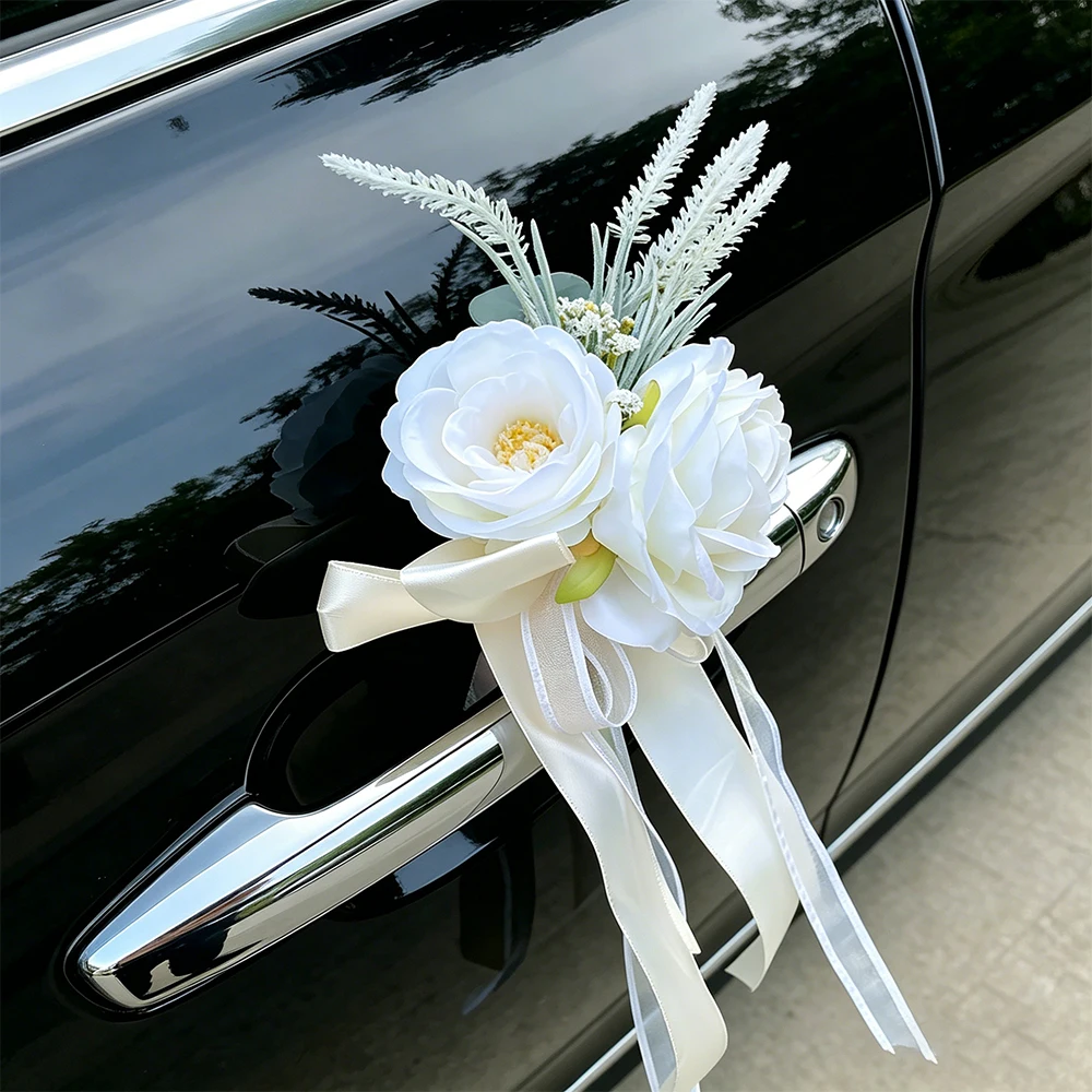 Wedding Car Mirror Flower, White Artificial Rose Car Decoration with Ribbon, Bridal Car Bouquet for Wedding Party
