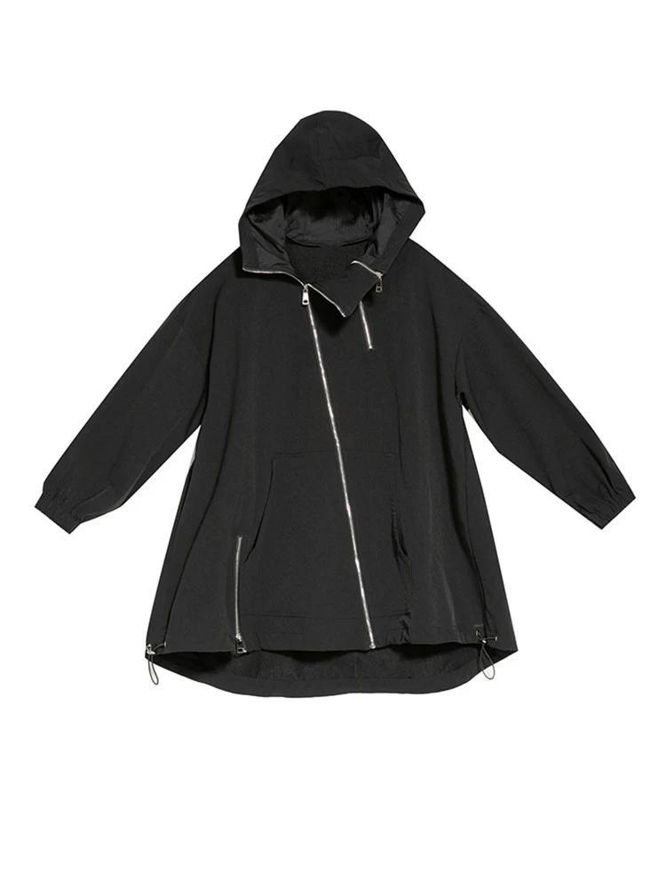 [EAM] Loose Black Zipper Irregular Big Size Long Jacket New Hooded Long Sleeve Women Coat Fashion Spring Autumn 2024 1DF1658