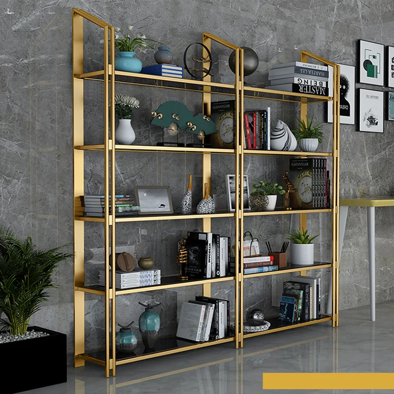

Light luxury stainless steel metal bookshelf shelf gold floor multi-layer display shelf wrought iron living room decorative