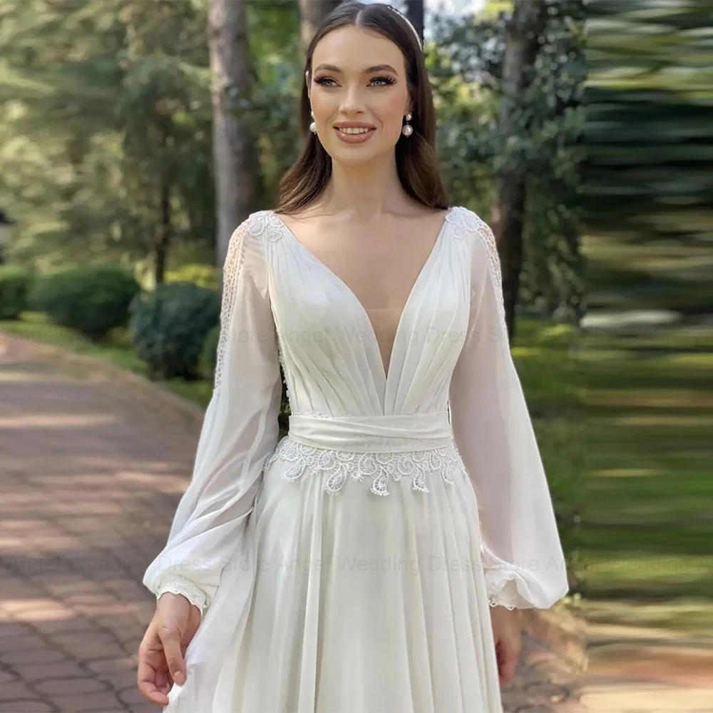 ANGEL Boho V-Neck Chiffon Wedding Dress 2026 Plus Size Backless Long Puff Sleeves Lace Long Bridal Gowns A-Line Düğün elbisesi