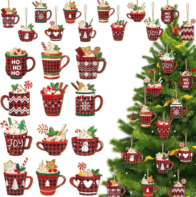 Colgante de Navidad personalizado de madera, adorno de taza de café rojo cacao caliente, Bar de café, adorno de árbol de Navidad