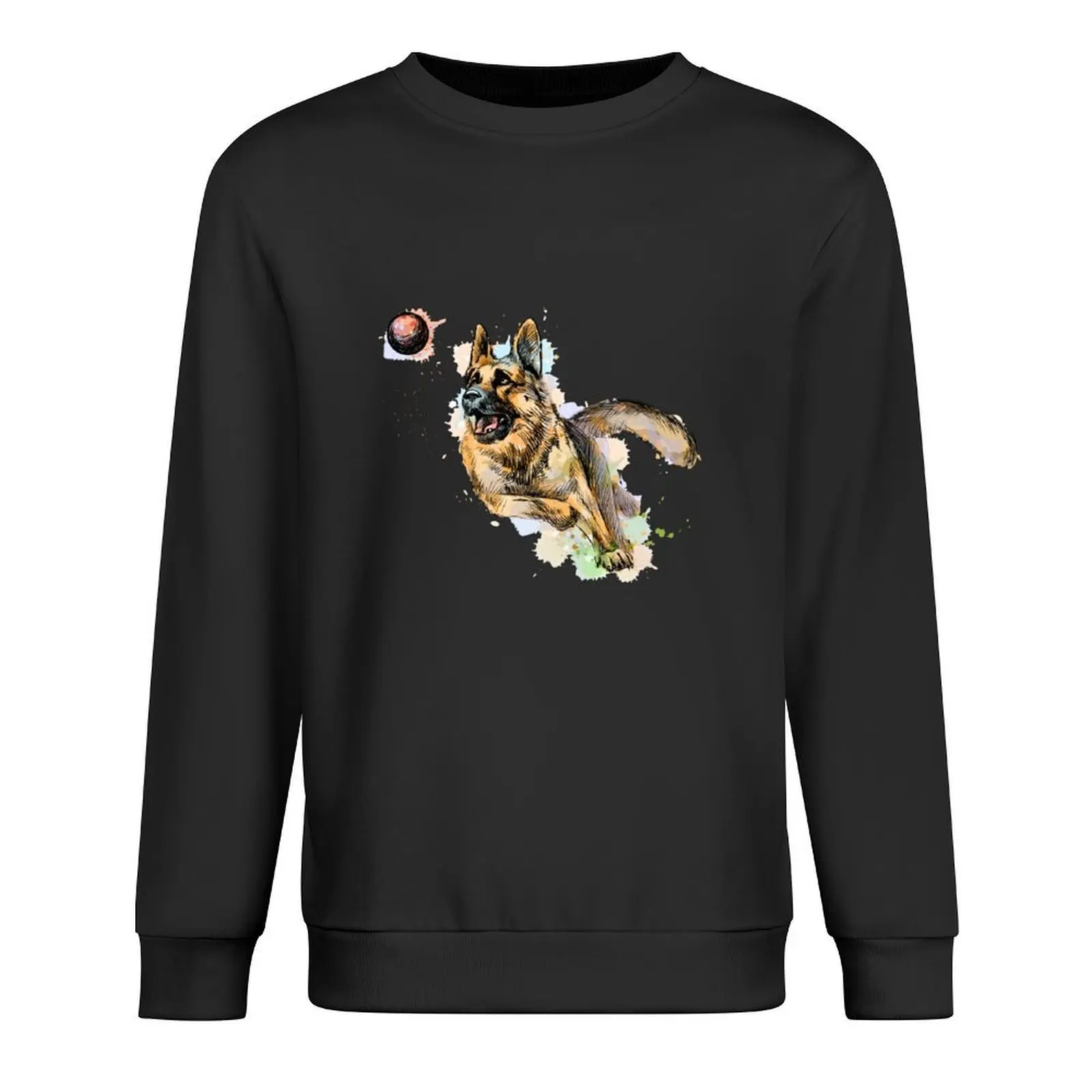 

German shepherd dog playing and catching a ball from a splash Pullover tracksuit korean clothes sweatshirt for men