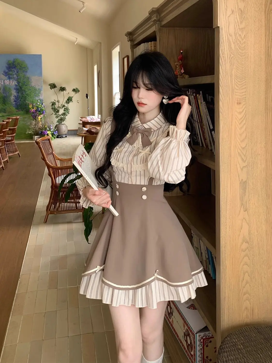 

College Style Two-Piece Striped Long-Sleeved Shirt Short Strap Skirt Women Spring Autumn New Sweet Temperament Set