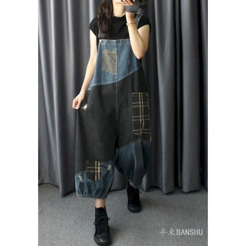 Denim Jumpsuits Women Harem Pants Korean Style Patchwork Design Vintage Playsuits Casual Jeans Loose Overalls for Women Clothes