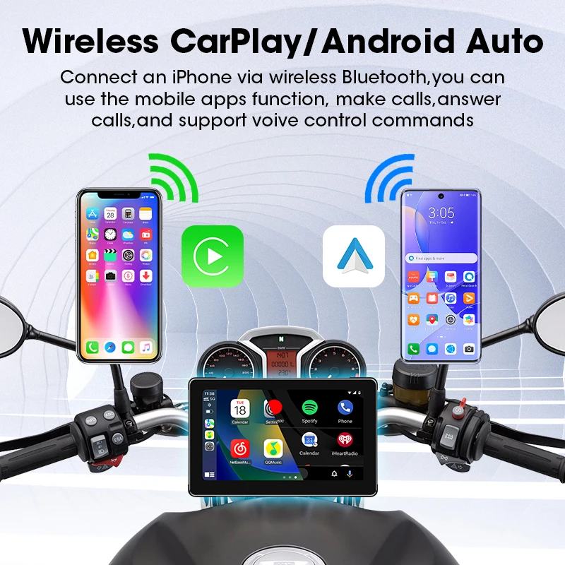 JMCQ layar sentuh Monitor kamera Bluetooth ganda, 7 inci navigasi motor CarPlay nirkabel Apple GPS Navi Android Auto depan belakang