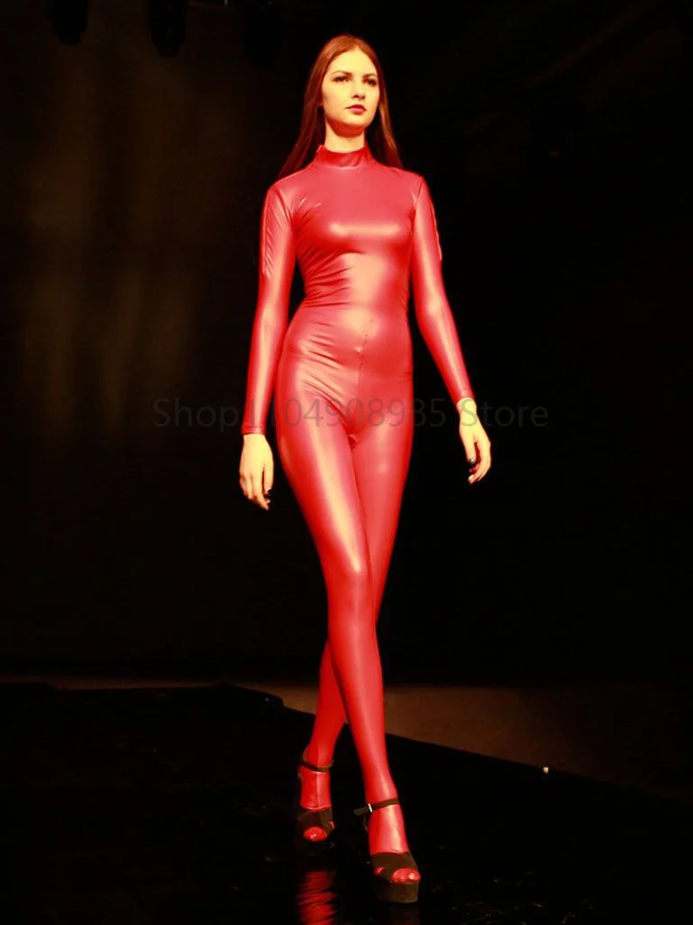 Unisex Faux Latex Catsuit Elastic PU Leather Zipper Open Crotch Bodysuit Tight Cosplay Conjoined Sexy Bodystocking Leotard view 4