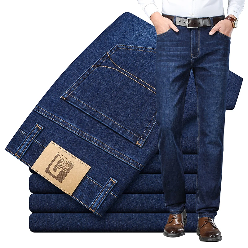 

Autumn New Classic Elegant Business Men Fit Straight Stretch High Waist Jeans Simple Solid Color Casual Pants Droop Trousers