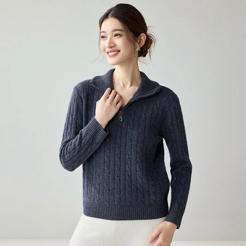 Women's 100% Cashmere Sweater Pullover Autumn Winter Half‑Zip Stand Collar All‑Over Cable Stitch Texture Warm Refined Knit Top