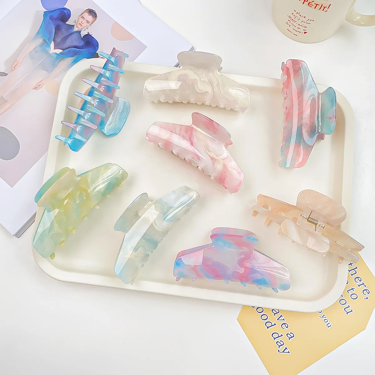 Color Swirl Marble Acetate Hair Claw Clip Iridescent Gradient Shark Clamp Strong Grip Hairpin For Women Girl Daily Hairstyle Dec