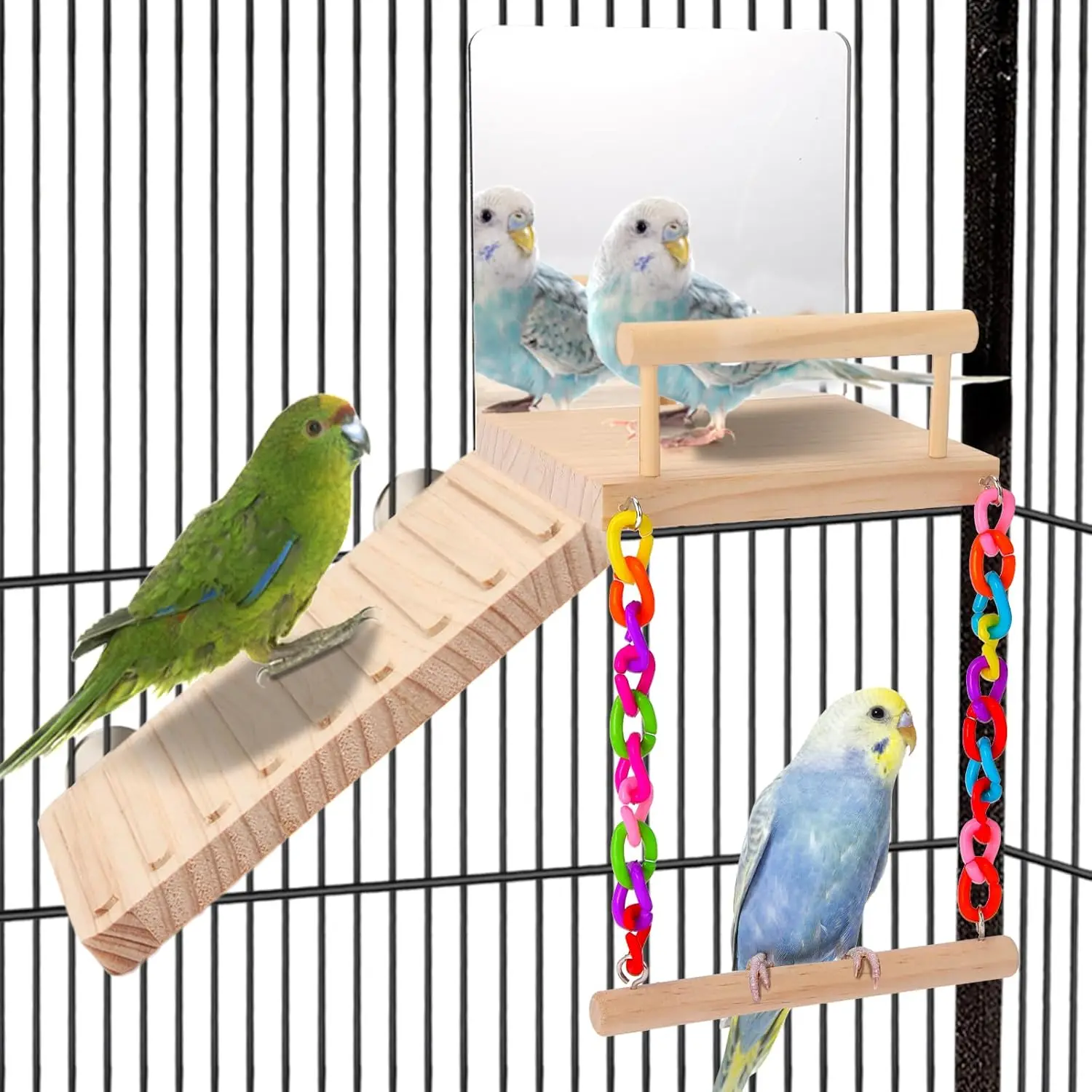 Plataforma de Juego para Pájaros con Espejo, Escalera y Columpio, Accesorios para Jaulas de Periquitos - para Cacatúas, Agapornis, Periquitos, Loros del Pacífico, Pinzones, Canarios - Gimnasio de Juego de Madera