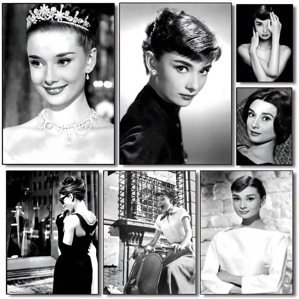 Black And White Audrey H-Hepburn Classic Self-adhesive Art Poster Whitepaper Prints Posters Artwork Aesthetic Art Wall Painting