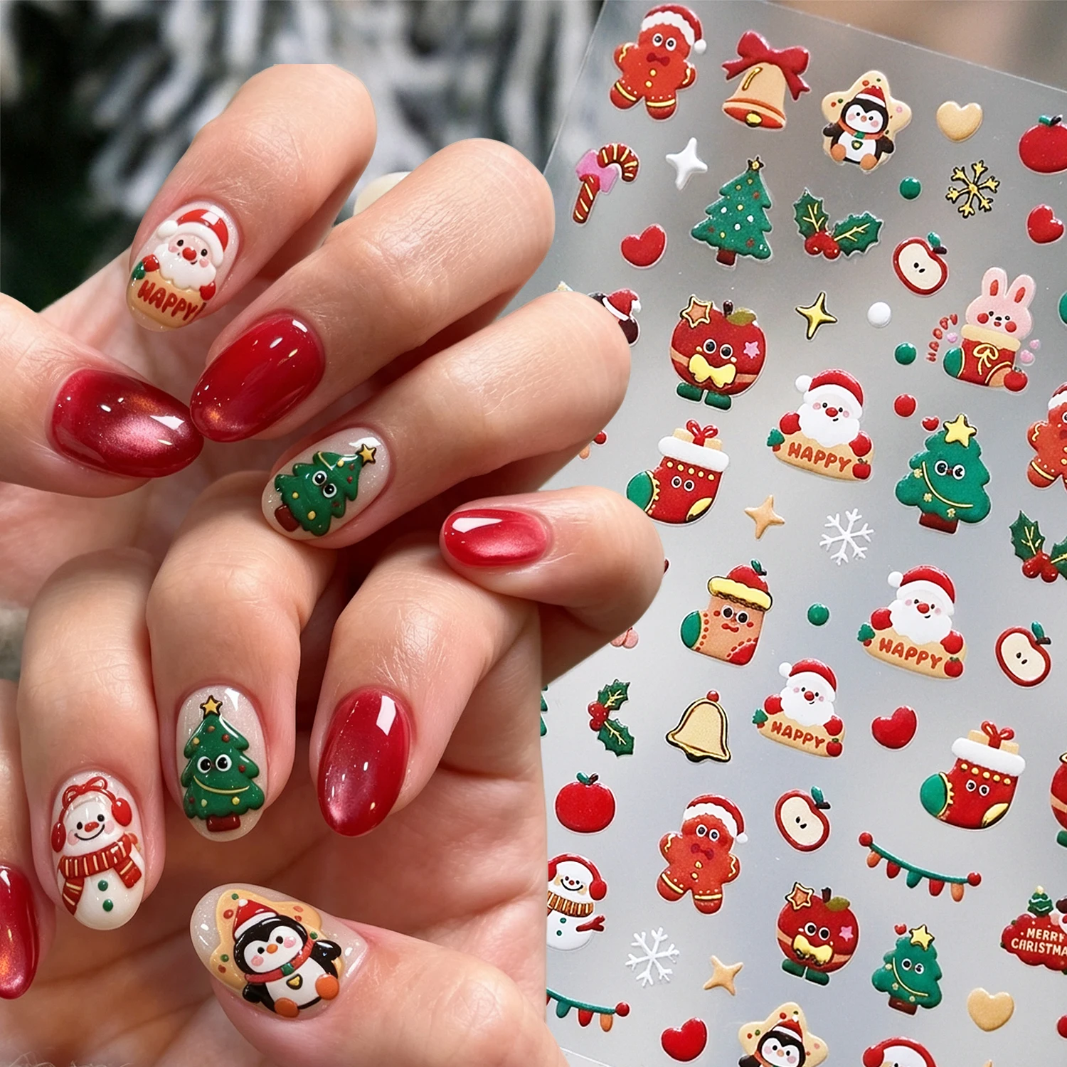 1Pc Christmas Apple 5D Embossed Nail Art Cute Cartoon Snowman Tree Reindeer Sock Nail Decals DIY New Year Holiday Manicure Decor