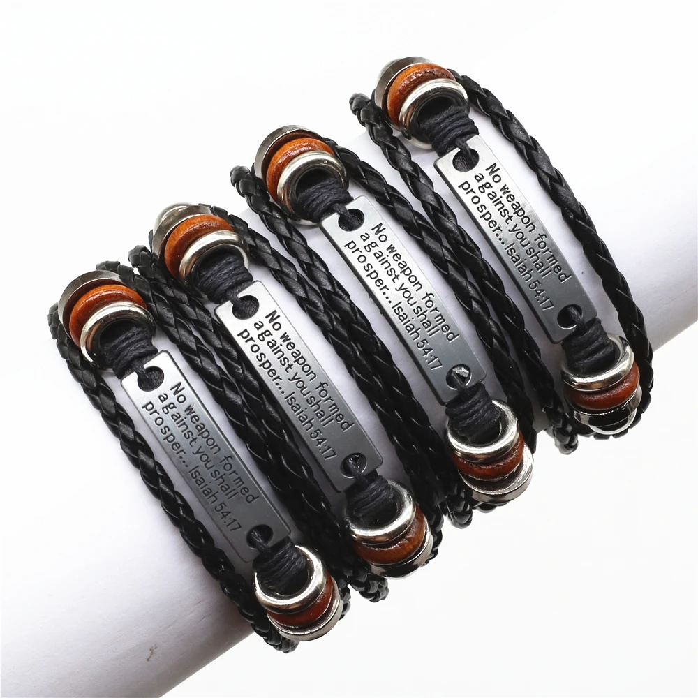 WESTBULL Wholesale Vintage Black Leather Men Bracelets Beaded Words Charm Weave Wristband Bangle Homme Male Punk Outdoor Jewelry