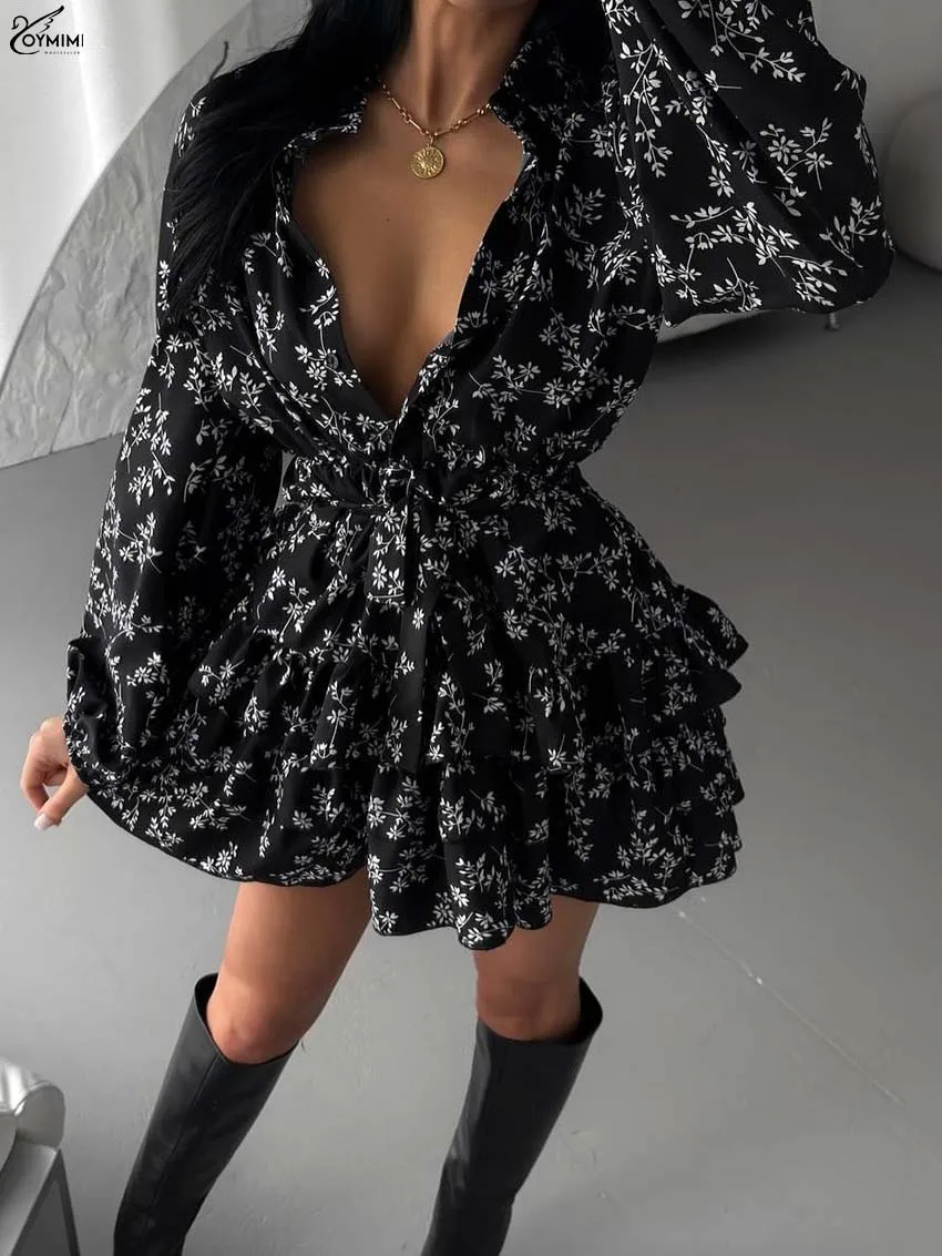 Oymimi Elegant White Print Dresses 2025 Woman Fashion Lapel Long Sleeve Button Dresses Autumn Lace-Up Pleated Mini Dress Female