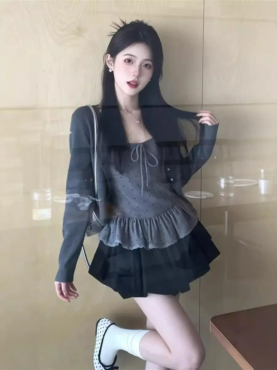 Sweet Ruffle Shoulder Spotted Tube Top Vest Women's Spring Summer Short Style Korean Style Open Cardigan Short Outerwear Two-...