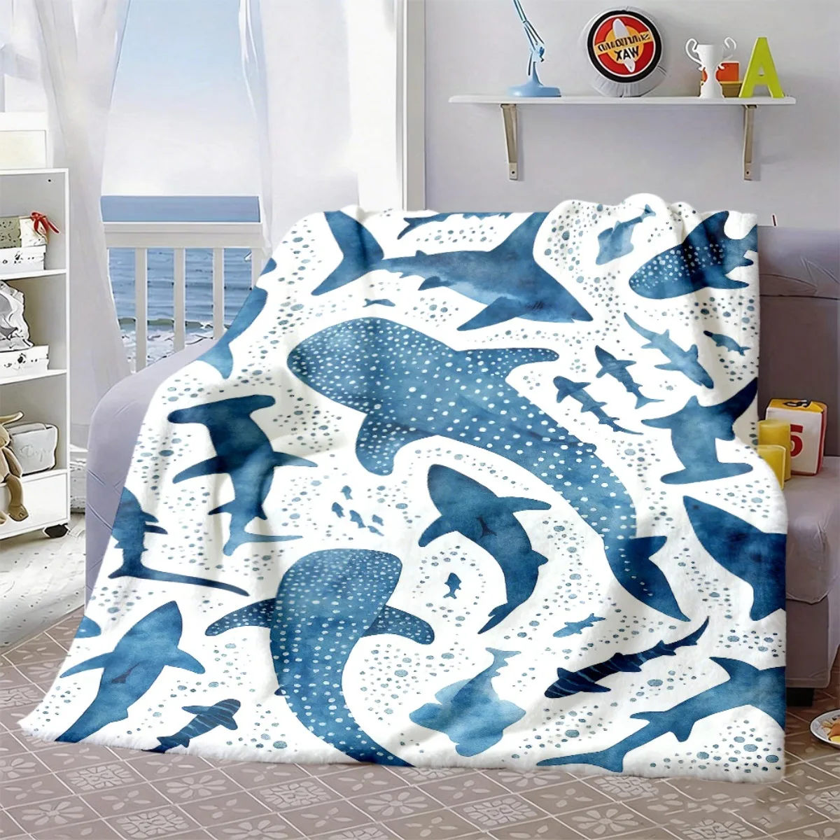 Watercolor Blue Whale Shark Hammerhead Shark Sea Animal Print Flannel Blanket Soft for Kids Ocean Home Warm Decor Gift