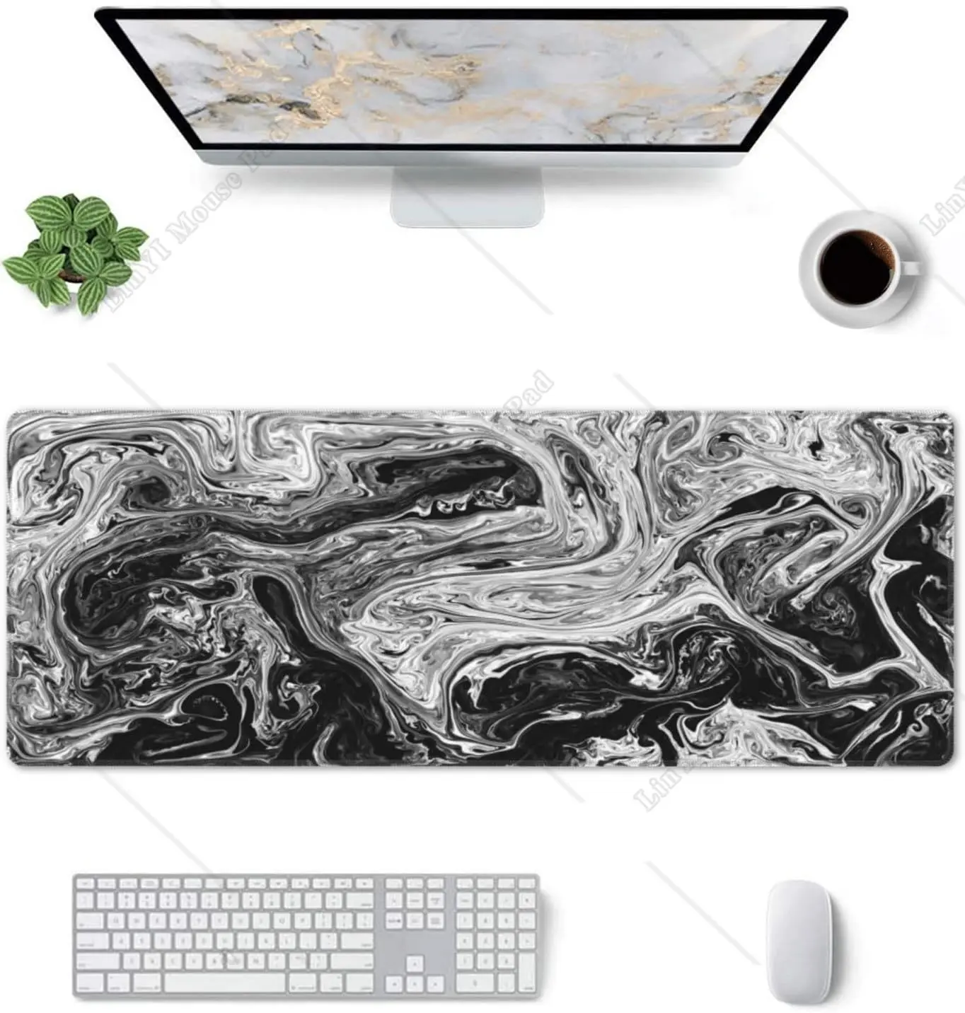 Black and White Marble Fluid Texture Design Gaming Mouse Pad XXL Large Mouse Pad with Non Slip Rubber Base 11.8 X 31.5 Inch