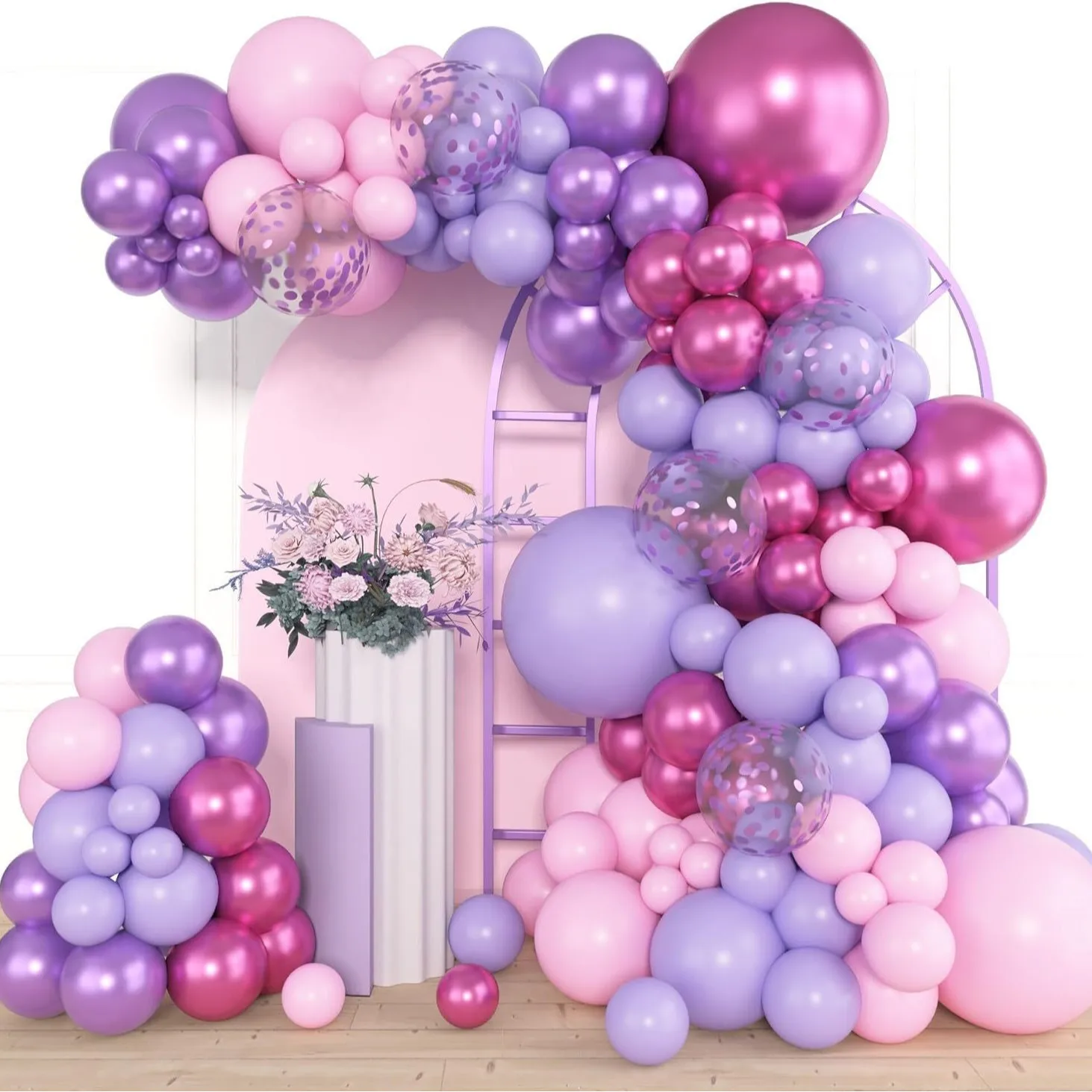 130 Stück wunderschöner rosa lila Ballonbogen – metallische magentafarbene Latexballons, Girlandendekoration für Brautpartys, Jahrestag, Party – Detail 2