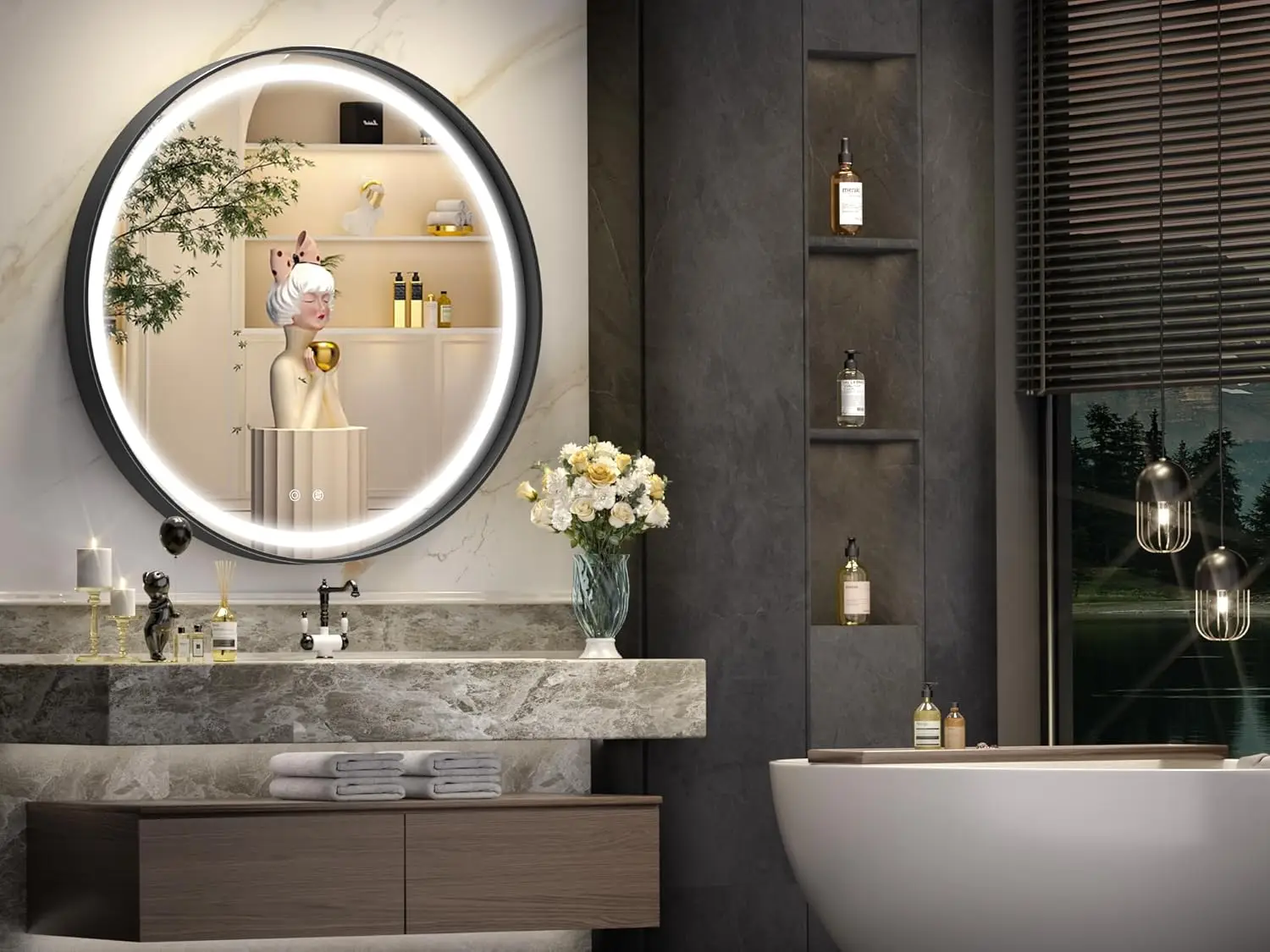 30” Led Bathroom Mirror With Light, Round Black Metal Frame Bathroom Mirrors For Vanity Anti-Fog, Dimmable, 3 Colors