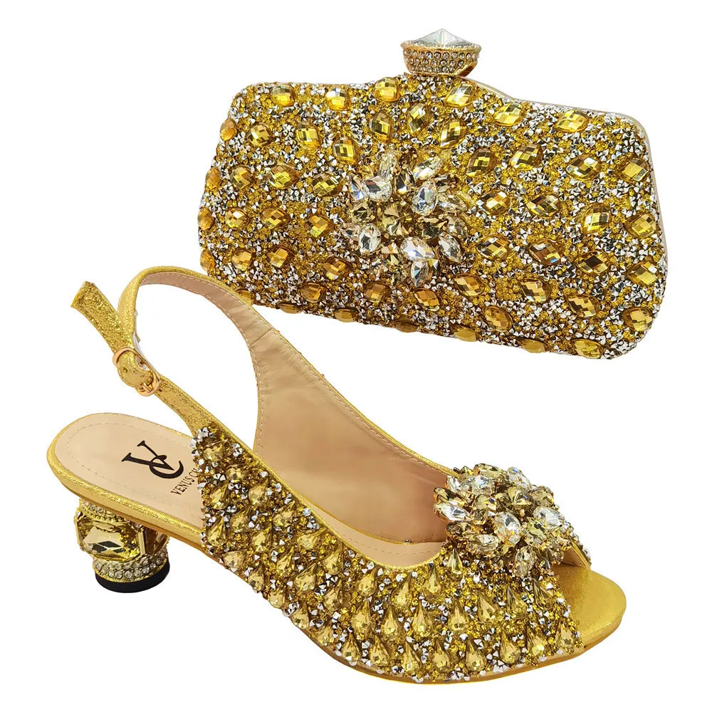 

doershow New Arrival African Wedding Shoes and Bag Set gold Color Italian Shoes with Matching Bags Nigerian lady party SZ1-1