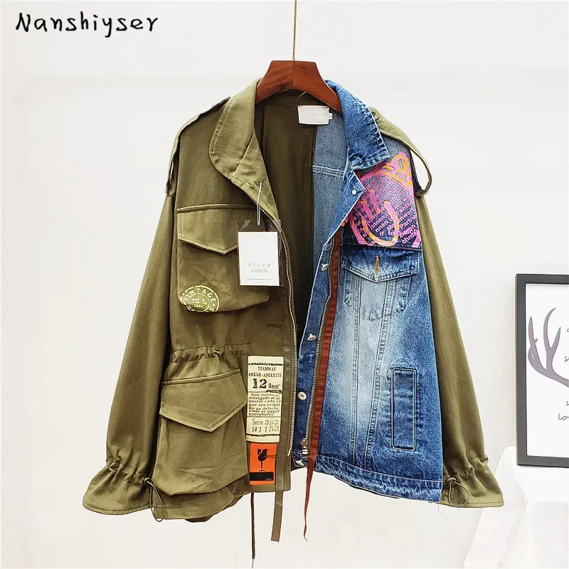 Spring Autumn Women New High Quality Lapel Long Sleeve Loose Vintage Denim Patchwork Hit Color Jacket Casual Jeans Jacket