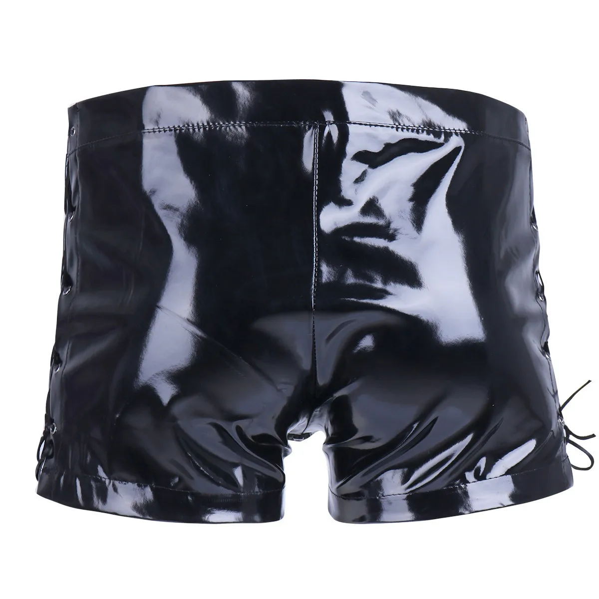 Mens Short Pants PVC Mirror Shiny Leather Boxer Shorts Sexy Zipper Open Leather Shorts for Men