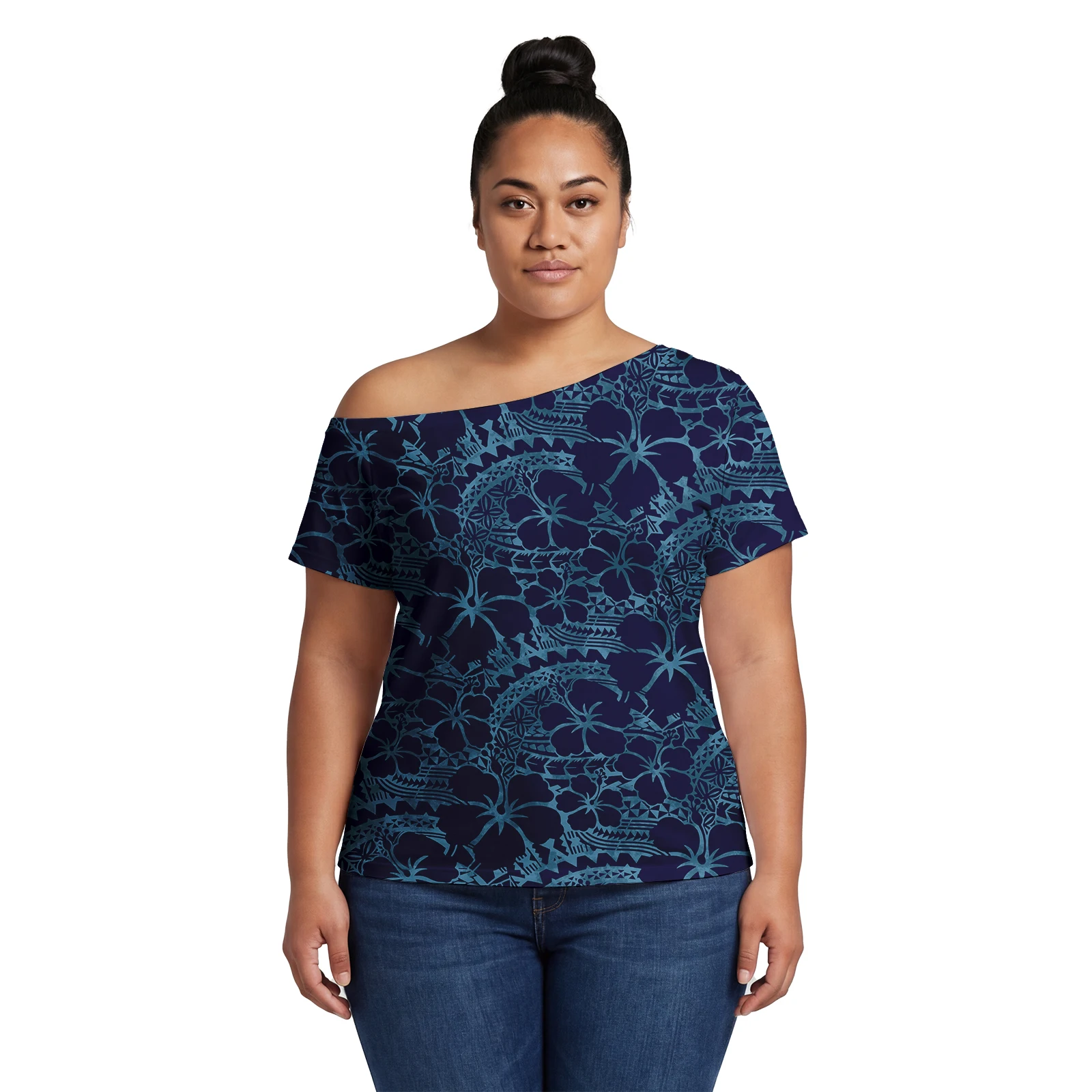 Gradient Blue Style Custom Lady Tops Hawaiian Luxury Clothing for Women Samoan Beach Outfits Polynesian Ladies Short Sleeve Tops