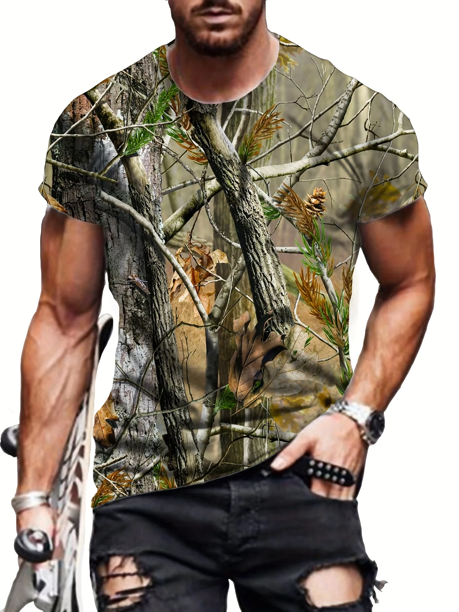 Men's 3D Camouflage Leaves Pattern Print T-Shirt, Plus Size Short Sleeve Crew Neck Tee