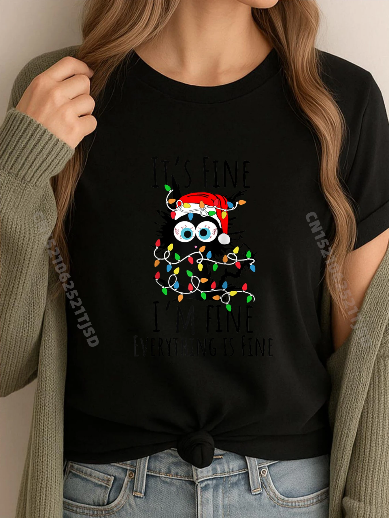 

Рождественская футболка Black Cat It Fine I M Fine Everything Is Fine с рисунком реглан, зимняя футболка Camiseta Cinco de Mayo