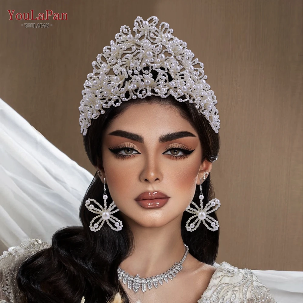 YouLaPan Queen Crown Pearl Beaded Flowers Headband Bridal Jewelry Tiara Headdresses Woman Accessories for Wedding Tiaras HP487