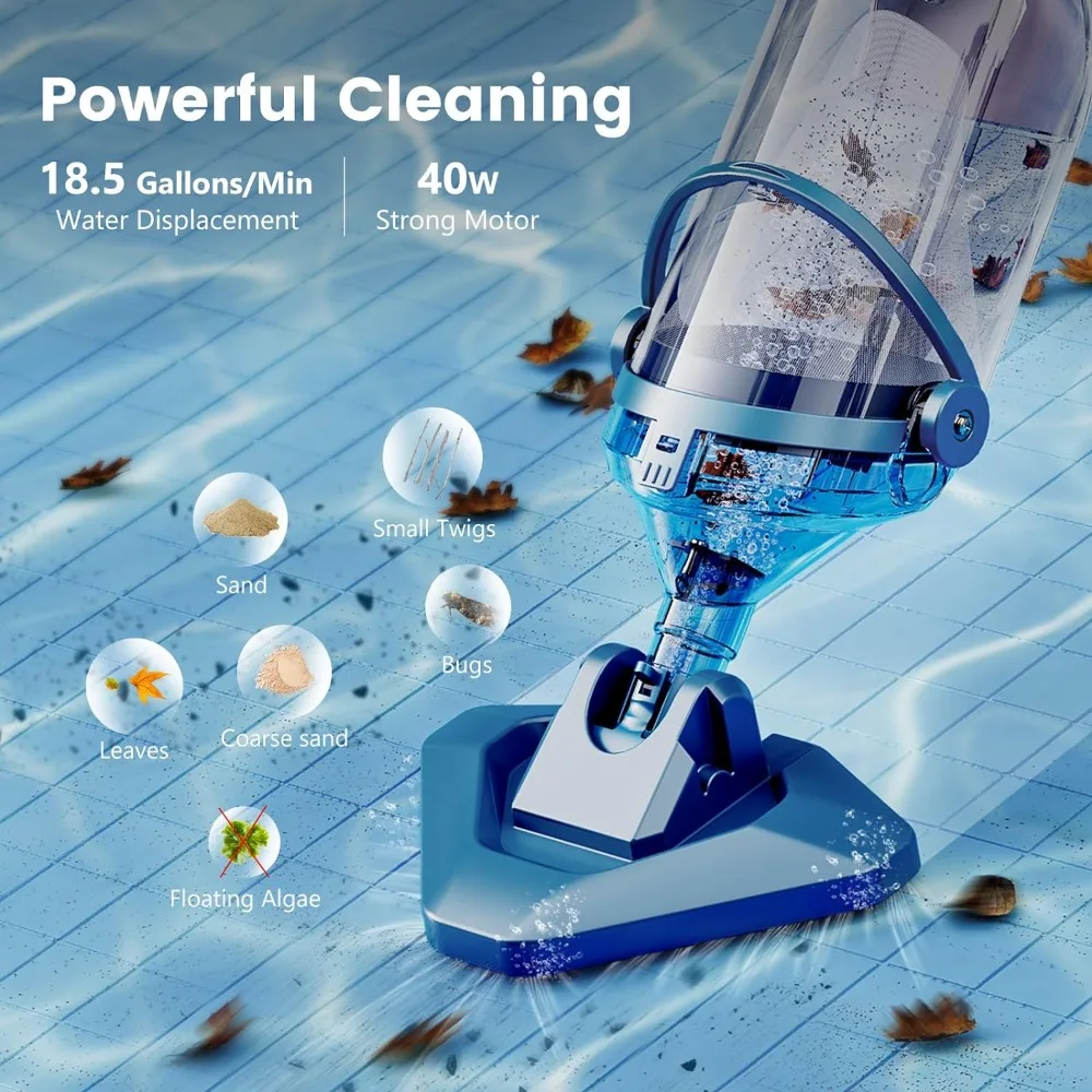 Pool Vacuum for above Ground Pool with a Telescopic Pole Running time up to 1H T403 Handheld Rechargeable Pool Cleaner