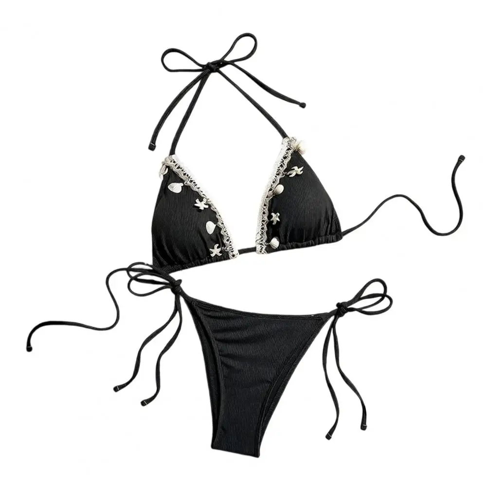 Shell Decoration Swimwear Sexy Two-piece Swimsuit 2pcs Bikini Set for Women Sexy Lace-up Halter Bra with Shell Decoration