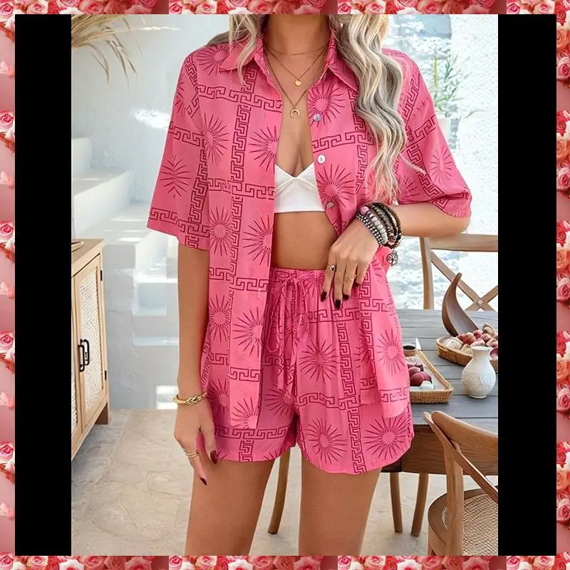 Women's Soft Summer Floral Tropical Print V Neck Tee Short Sleeve Button Top Shorts 2 Piece Sets