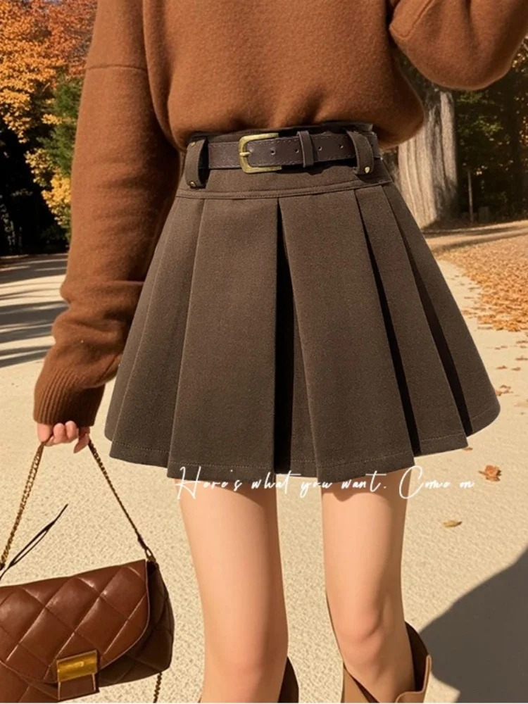 

SMTHMA High Waisted Woolen Pleated Skirt Women's A-line Short Skirt New Autumn Winter Slimming Pants Skirt With Belt