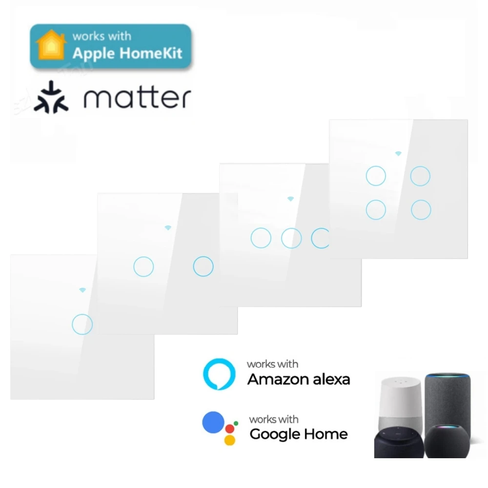 Matter Smart WiFi Switch EU 1/2/3/4 Gang Smart Home Touch Switch Neutral Wire/No Neutral Wire for Homekit SmartThing Alexa