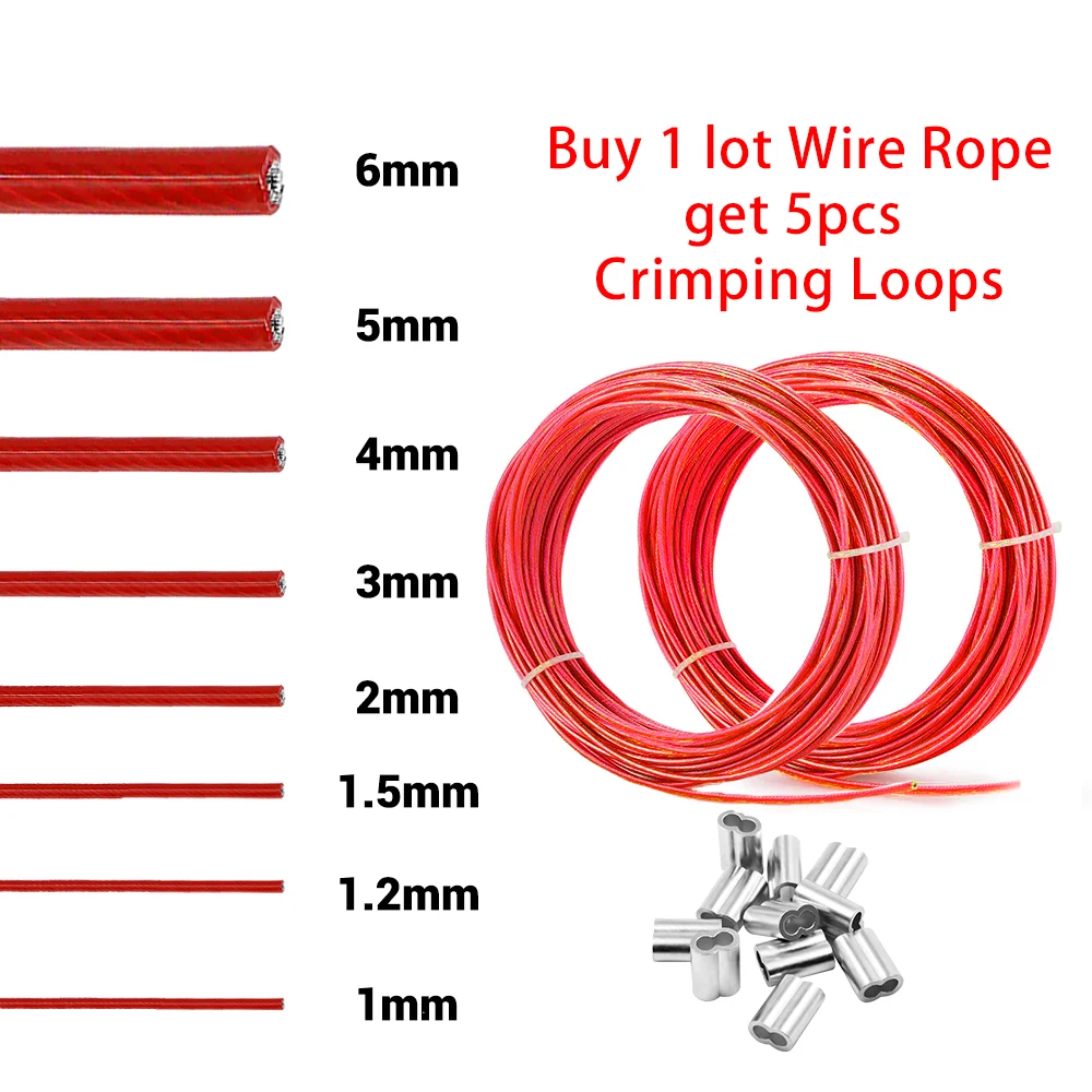 1-6mm Red PVC Steel Wire Rope 304 Stainless Steel Handling Suspension Steel Cable Rope for Guardrail Suspension Handling 5-100M