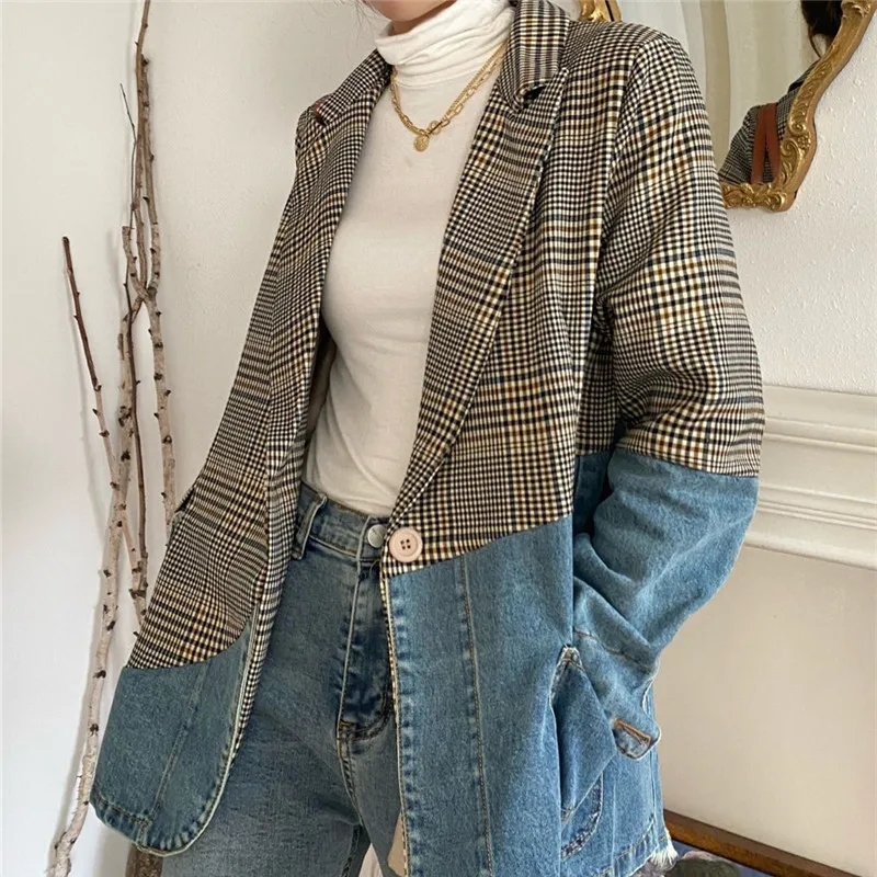 Autumn Fashion Denim Spliced Plaid Blazer Coat Women Big Pocket Jeans Patchwork Suit Jacket Female Loose Casual Mid Long Blazers