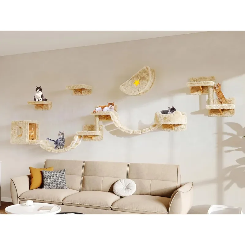 13-in-1 Cat Wall Shelves Moon Bridge Cat Wall Furniture Beige