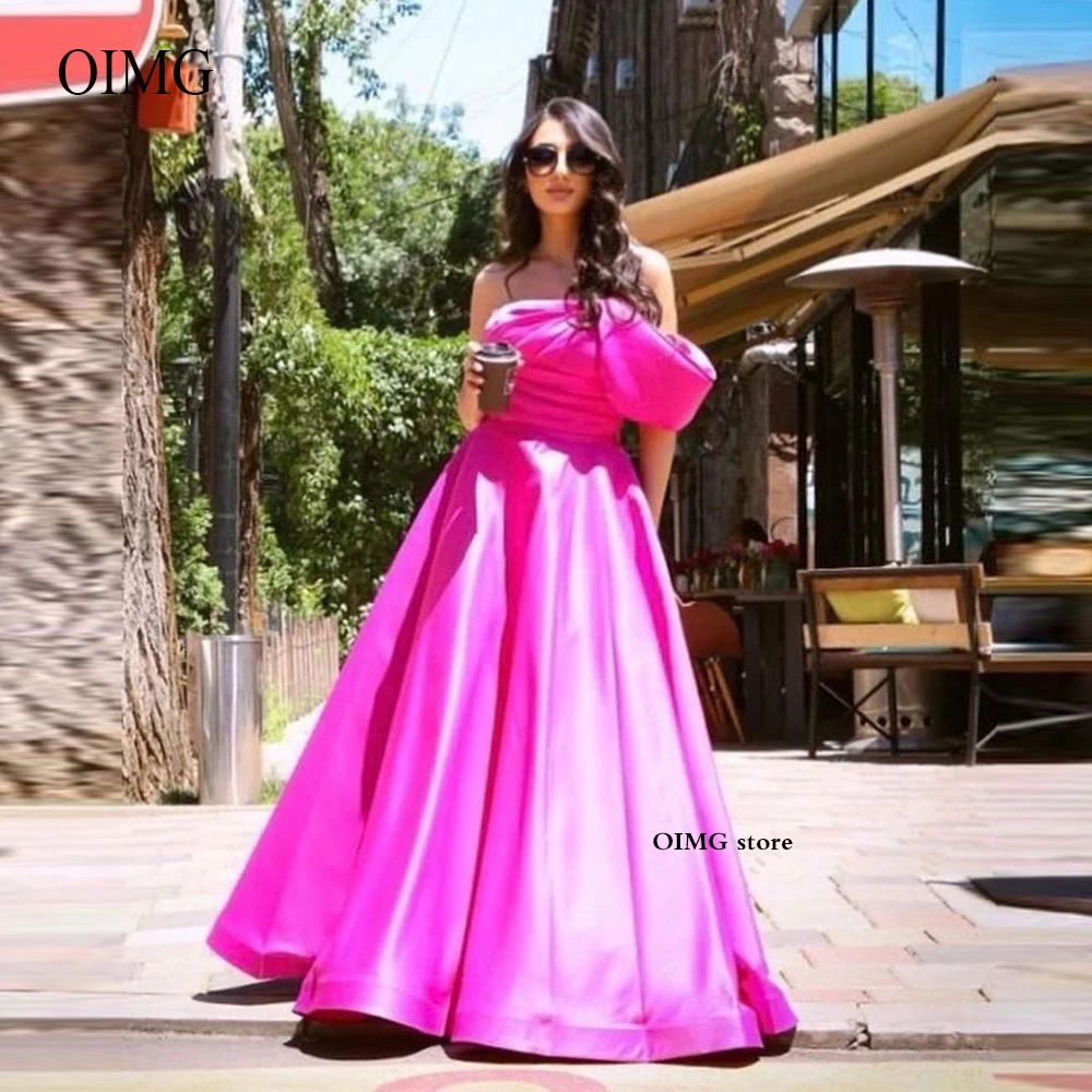 

Hot Pink Satin A Line Long Evening Dresse One Shoulder Strapless Saudi Women Formal Prom Party Gowns Vestido de fiesta